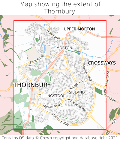 Map showing extent of Thornbury as bounding box