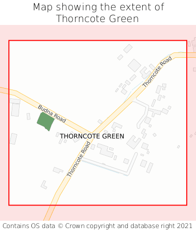 Map showing extent of Thorncote Green as bounding box