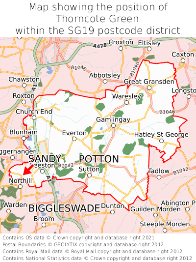 Map showing location of Thorncote Green within SG19