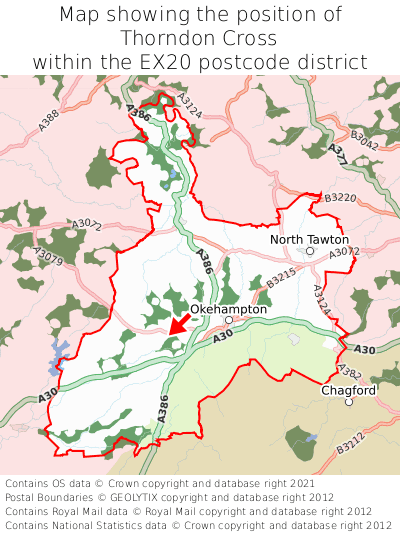 Map showing location of Thorndon Cross within EX20
