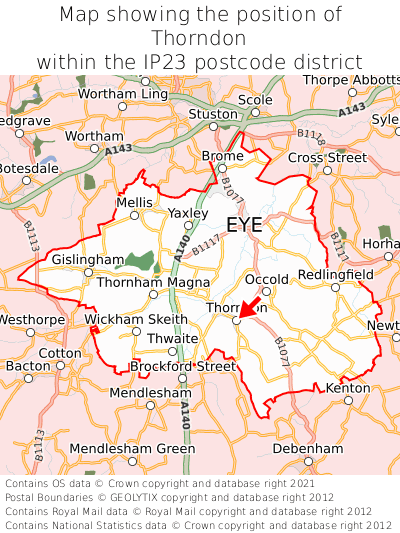 Map showing location of Thorndon within IP23