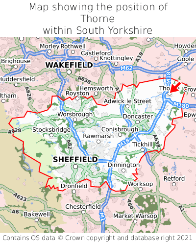 Map showing location of Thorne within South Yorkshire