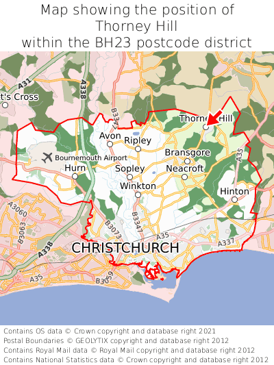 Map showing location of Thorney Hill within BH23