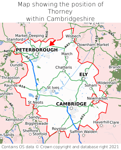 Map showing location of Thorney within Cambridgeshire