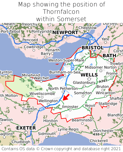 Map showing location of Thornfalcon within Somerset