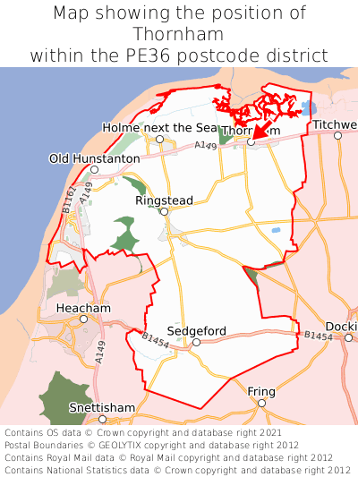 Map showing location of Thornham within PE36