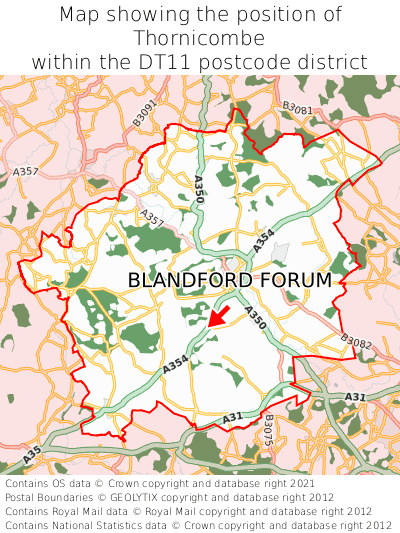 Map showing location of Thornicombe within DT11