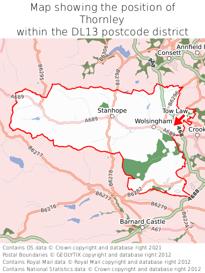 Map showing location of Thornley within DL13