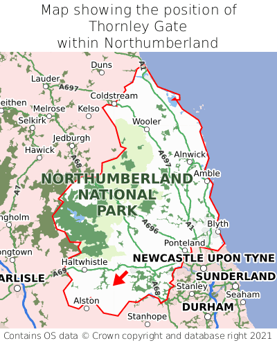 Map showing location of Thornley Gate within Northumberland