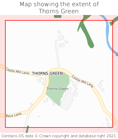 Map showing extent of Thorns Green as bounding box