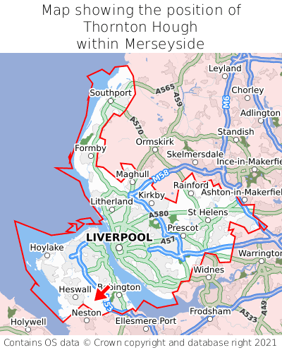 Map showing location of Thornton Hough within Merseyside