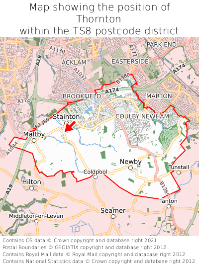 Map showing location of Thornton within TS8