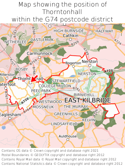 Map showing location of Thorntonhall within G74