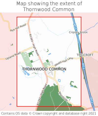 Map showing extent of Thornwood Common as bounding box
