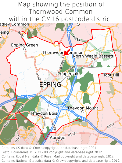 Map showing location of Thornwood Common within CM16