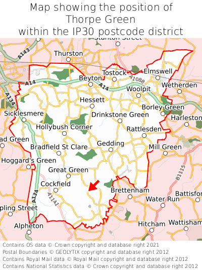 Map showing location of Thorpe Green within IP30