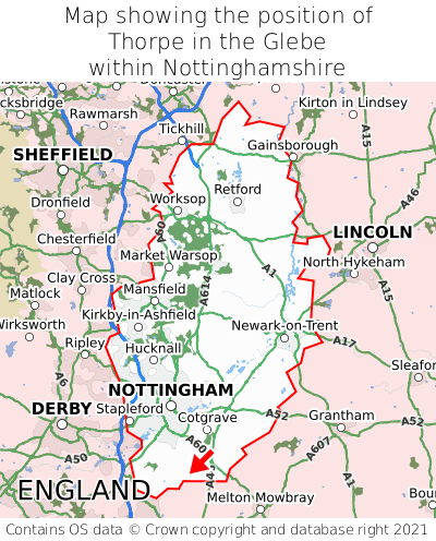 Map showing location of Thorpe in the Glebe within Nottinghamshire