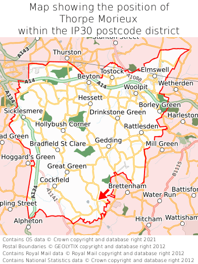 Map showing location of Thorpe Morieux within IP30