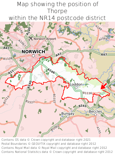 Map showing location of Thorpe within NR14