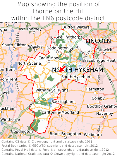 Map showing location of Thorpe on the Hill within LN6