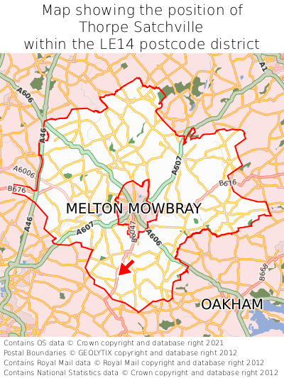 Map showing location of Thorpe Satchville within LE14