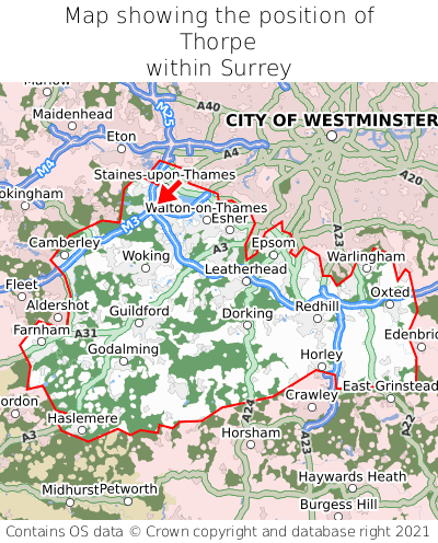 Map showing location of Thorpe within Surrey