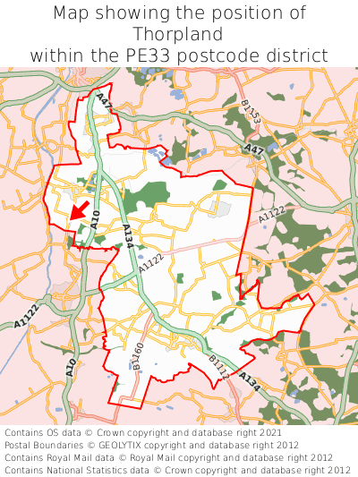 Map showing location of Thorpland within PE33