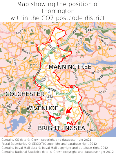 Map showing location of Thorrington within CO7