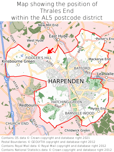Map showing location of Thrales End within AL5