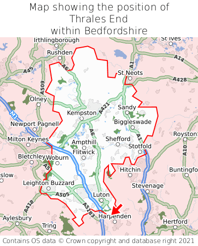 Map showing location of Thrales End within Bedfordshire