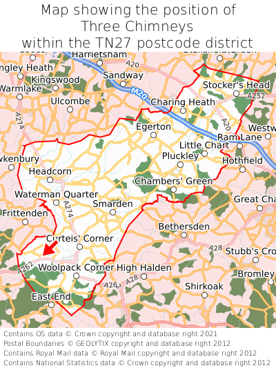Map showing location of Three Chimneys within TN27