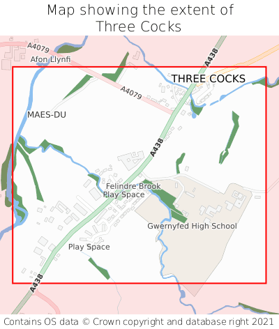 Map showing extent of Three Cocks as bounding box