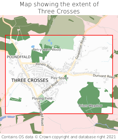 Map showing extent of Three Crosses as bounding box