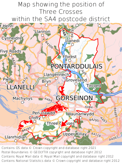 Map showing location of Three Crosses within SA4