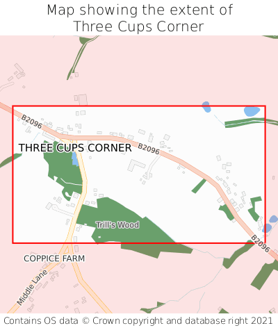 Map showing extent of Three Cups Corner as bounding box
