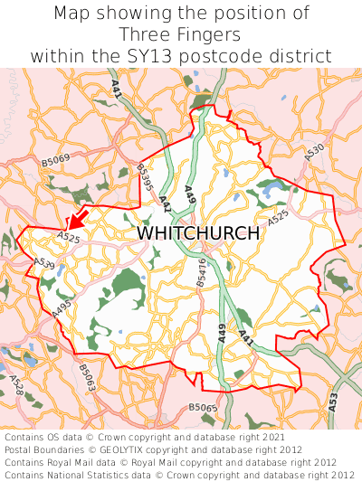 Map showing location of Three Fingers within SY13