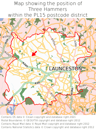 Map showing location of Three Hammers within PL15