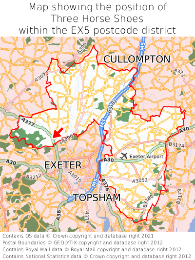 Map showing location of Three Horse Shoes within EX5