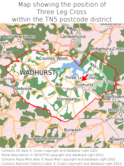 Map showing location of Three Leg Cross within TN5