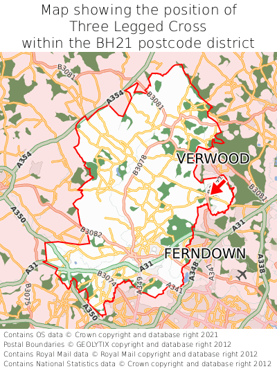 Map showing location of Three Legged Cross within BH21