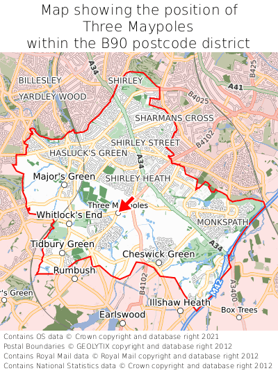 Map showing location of Three Maypoles within B90