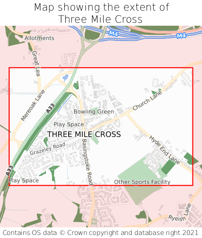 Map showing extent of Three Mile Cross as bounding box