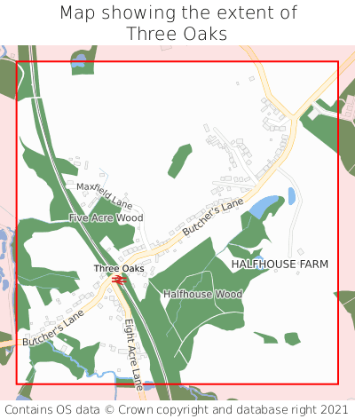 Map showing extent of Three Oaks as bounding box