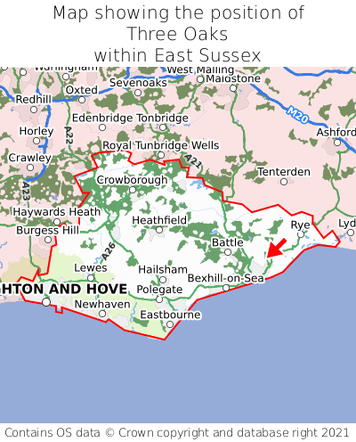 Map showing location of Three Oaks within East Sussex