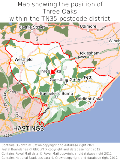 Map showing location of Three Oaks within TN35