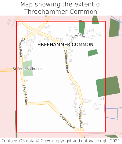 Map showing extent of Threehammer Common as bounding box