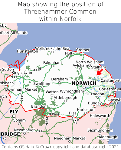 Map showing location of Threehammer Common within Norfolk
