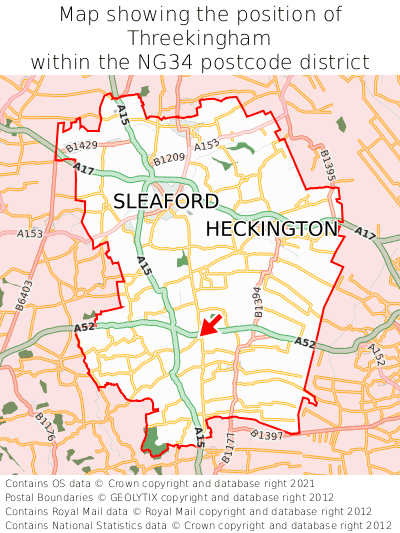 Map showing location of Threekingham within NG34