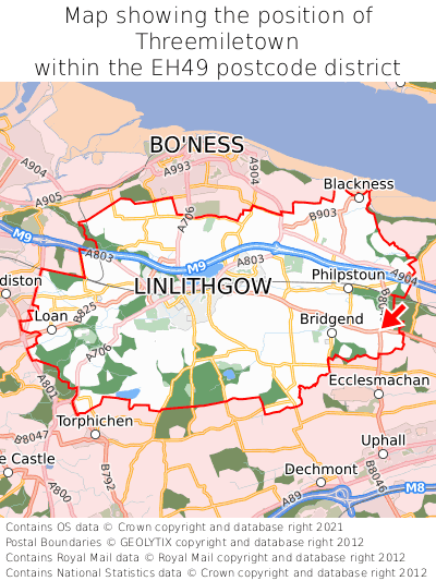 Map showing location of Threemiletown within EH49