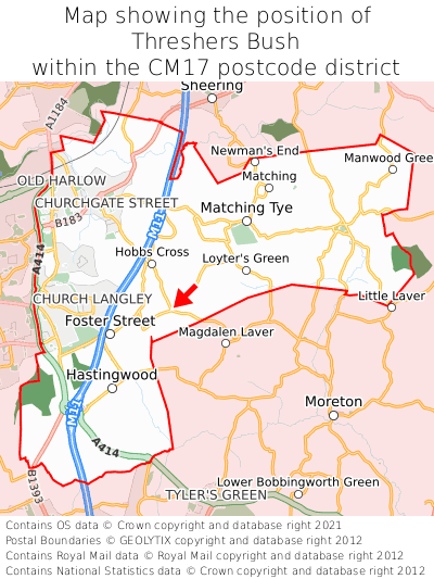 Map showing location of Threshers Bush within CM17